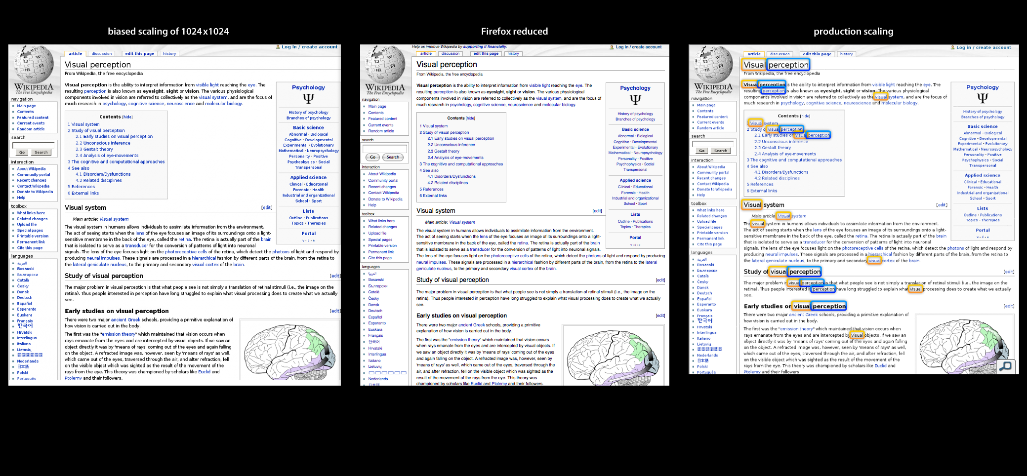 3 side by side images, left  is a bias scaling, midle is the Firefox rendering, and right is the standard searchme transformation